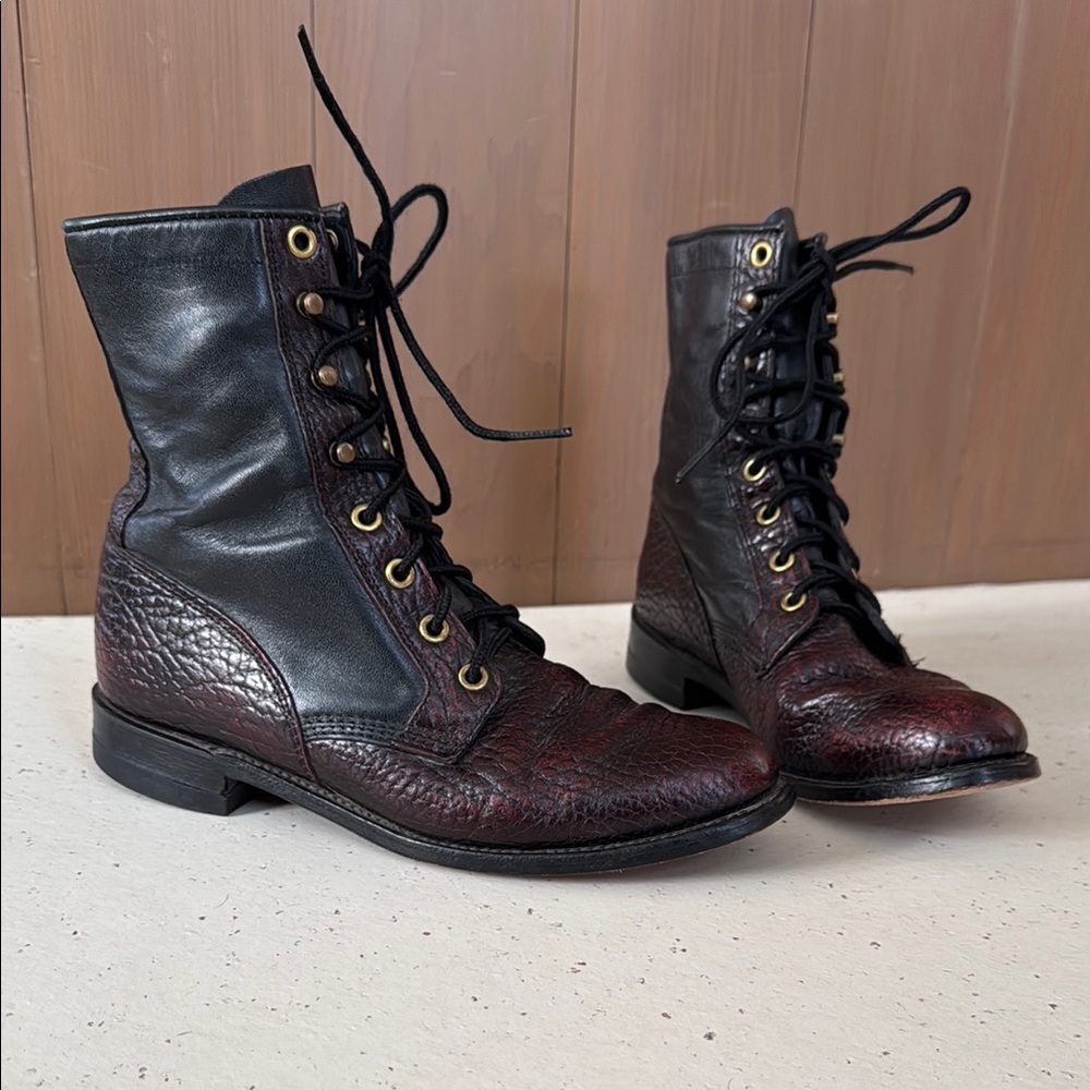 Justin Burgundy + Green Lace Up Roppers with Brass Hardware